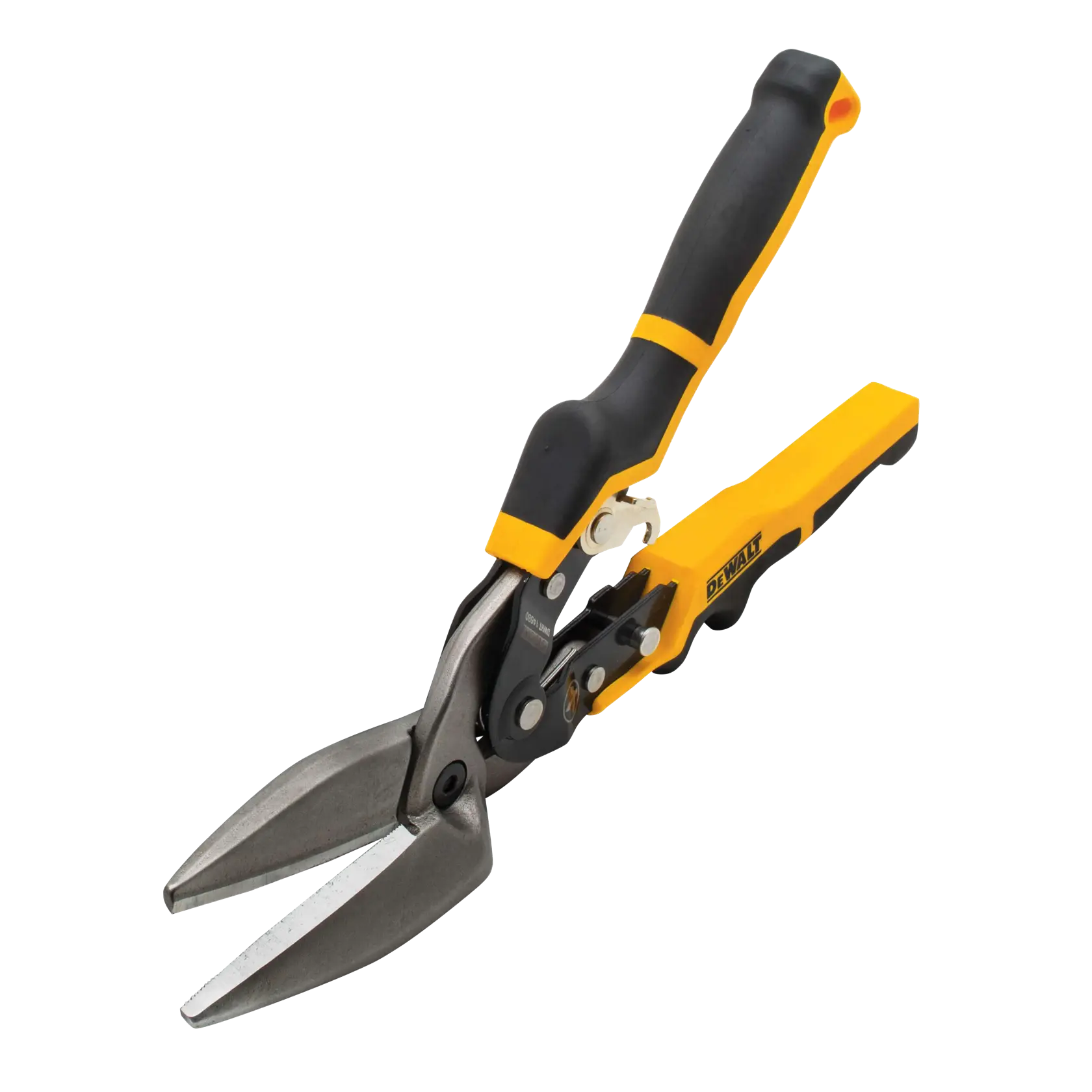 A pair of DEWALT aviation snips with a black and yellow handle, used for cutting sheet metal.