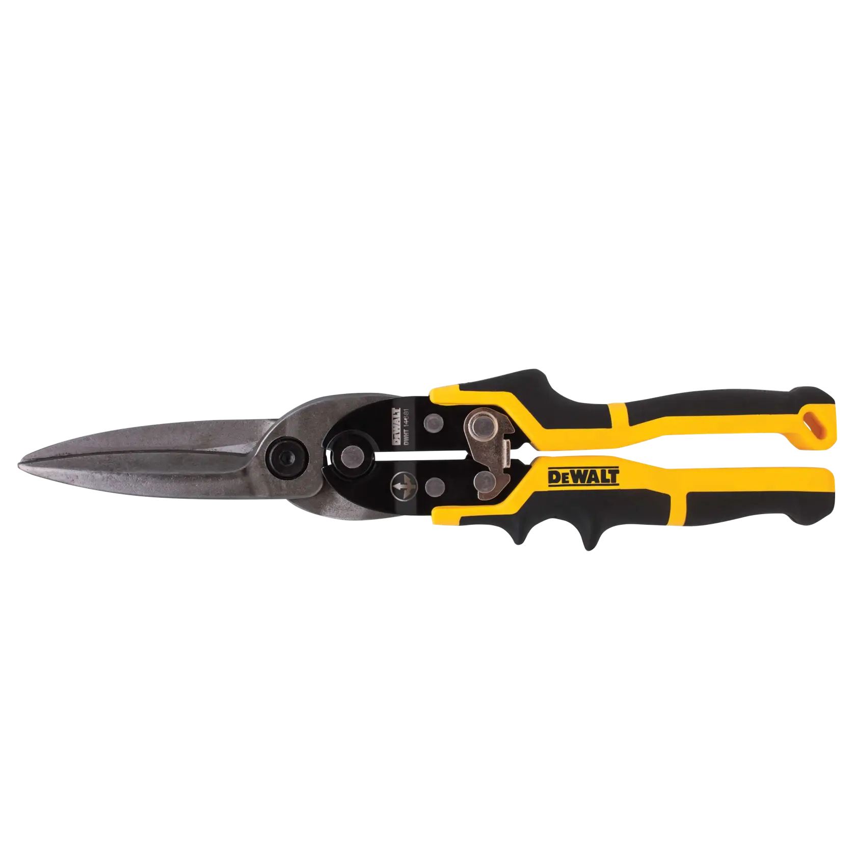 A pair of DEWALT aviation snips with black and yellow handles, designed for cutting sheet metal.