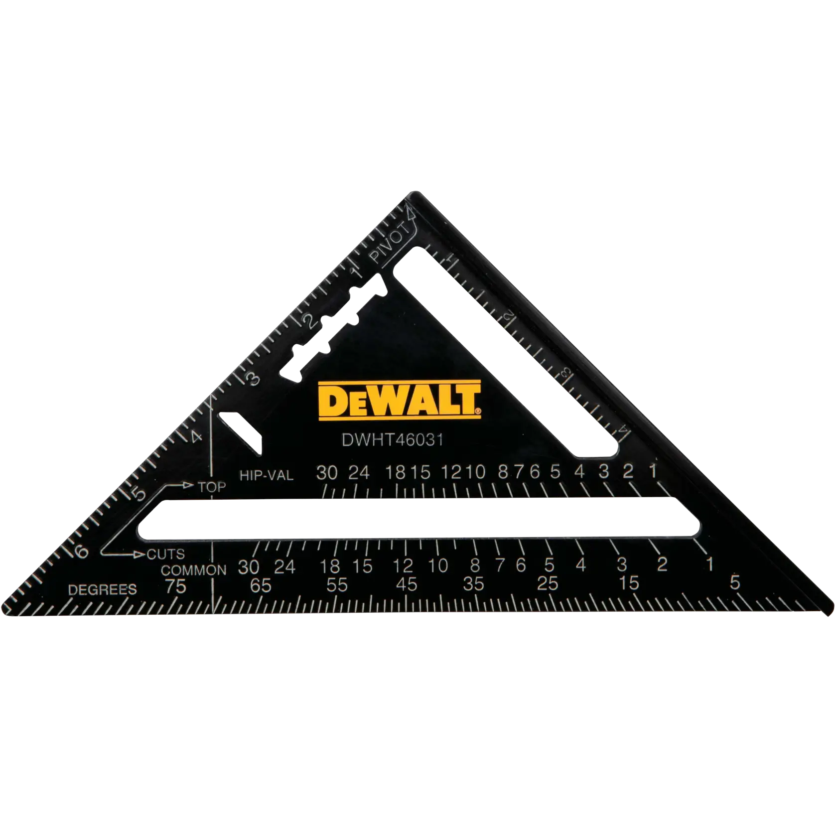 A DEWALT triangular carpenter's square with various measurement markings and instructions on its black surface. The tool is used for measuring angles and lengths in woodworking and construction.