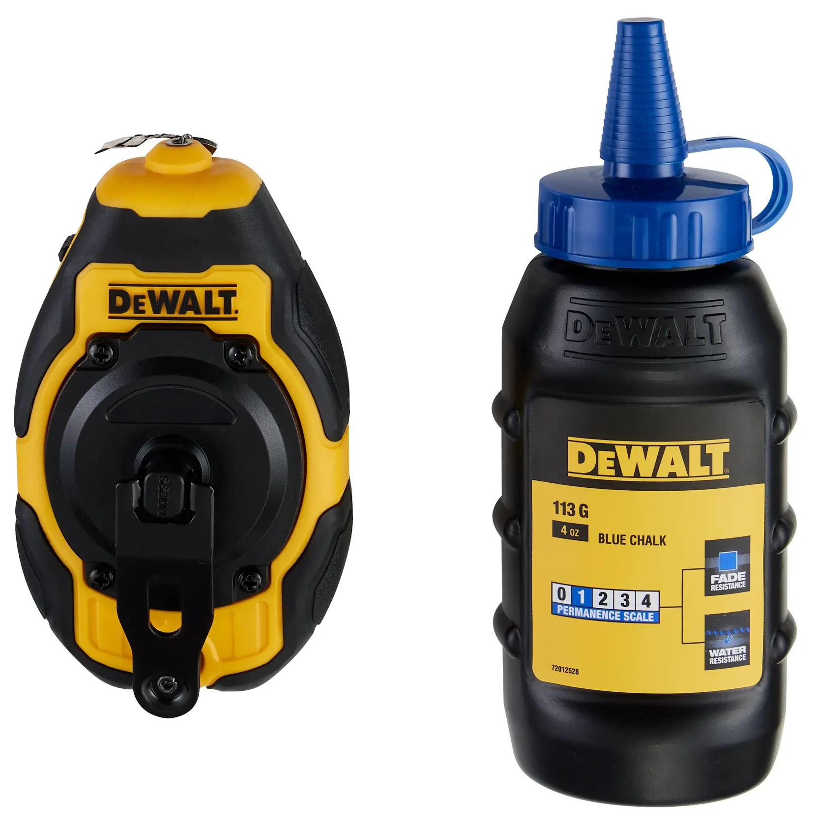 A DEWALT chalk reel kit, featuring a yellow and black chalk line reel on the left and a black and yellow bottle of blue chalk on the right. The bottle is labeled with product information including fade resistance and water resistance.