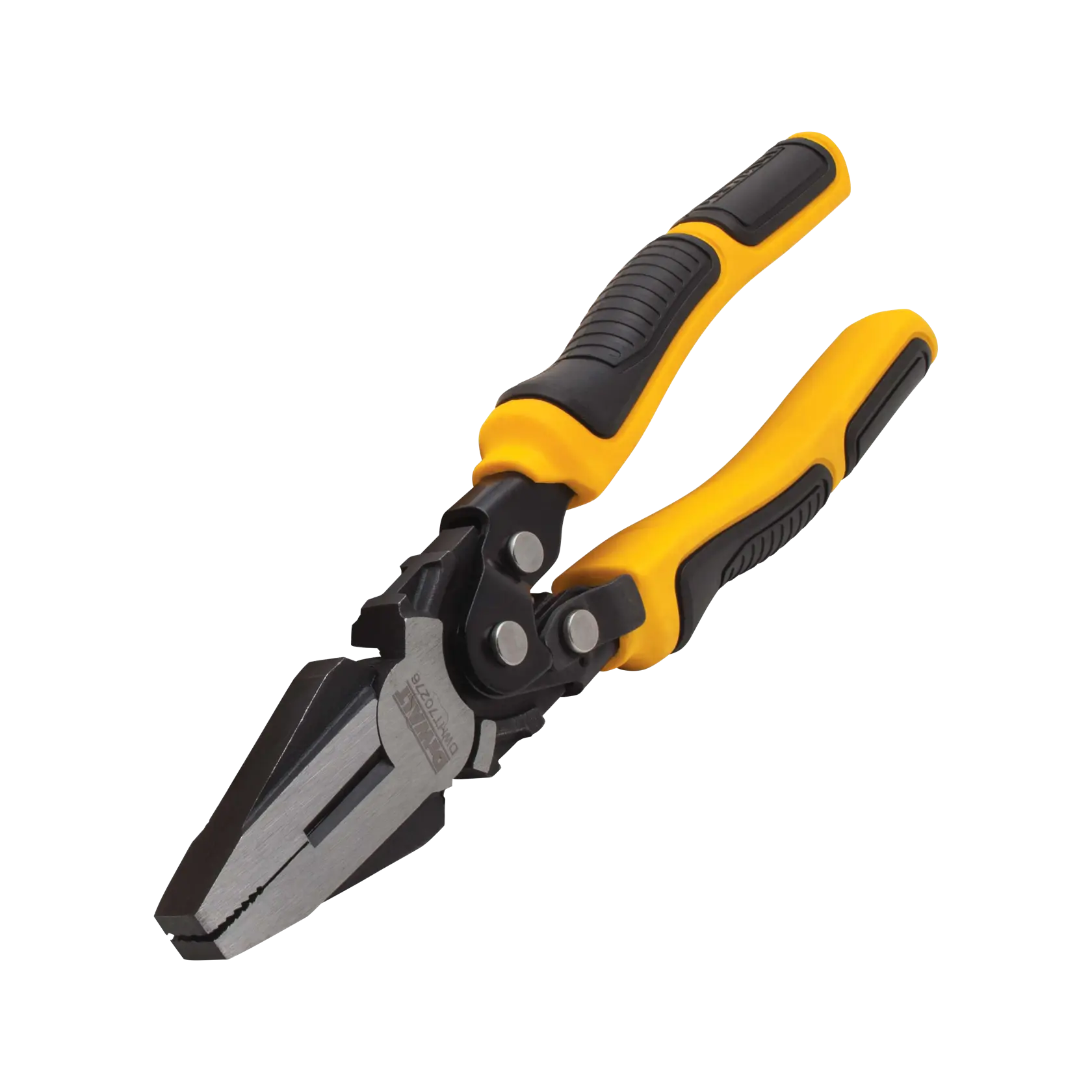 A pair of DEWALT linesman pliers with yellow and black cushioned handles, model DWHT70276, shown against a white background.
