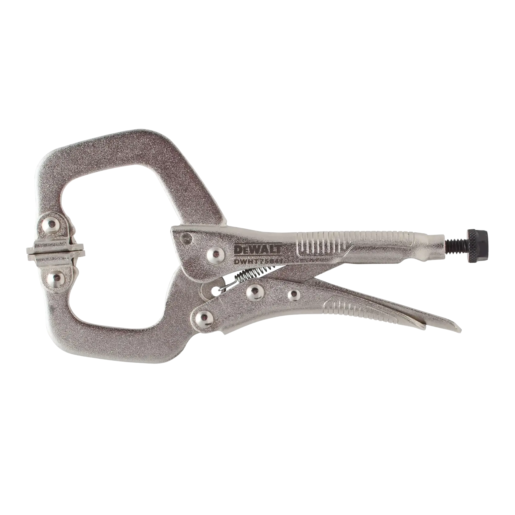 A DEWALT C-clamp locking pliers with adjustable screw and wide jaws, designed for holding materials securely during work.