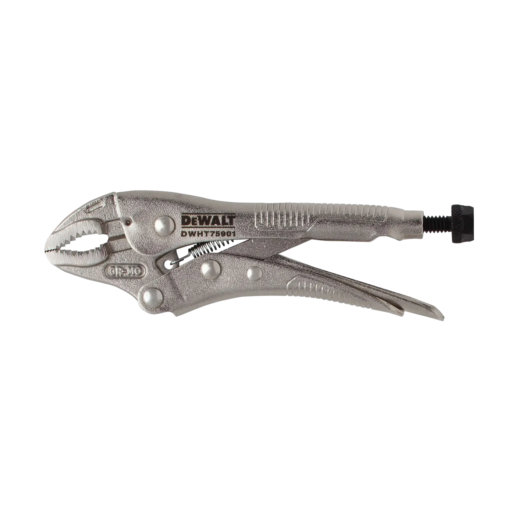 A DEWALT locking pliers, model DWHT75901, shown in a close-up against a white background. The tool features adjustable jaws with a screw for tension control and a release lever.