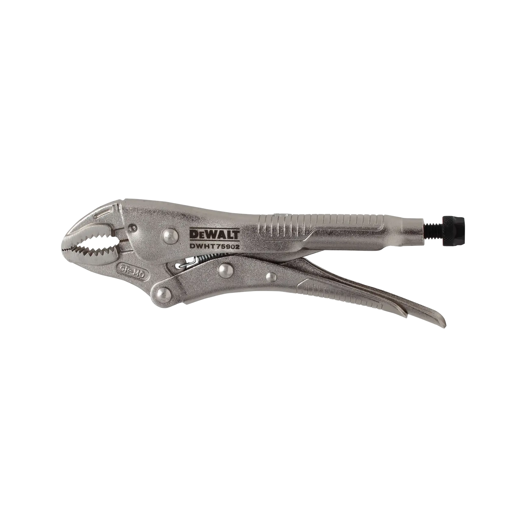 A DEWALT DWHT75902 locking pliers, also known as vise-grip pliers, made of metal with an adjustable mechanism and serrated jaws.