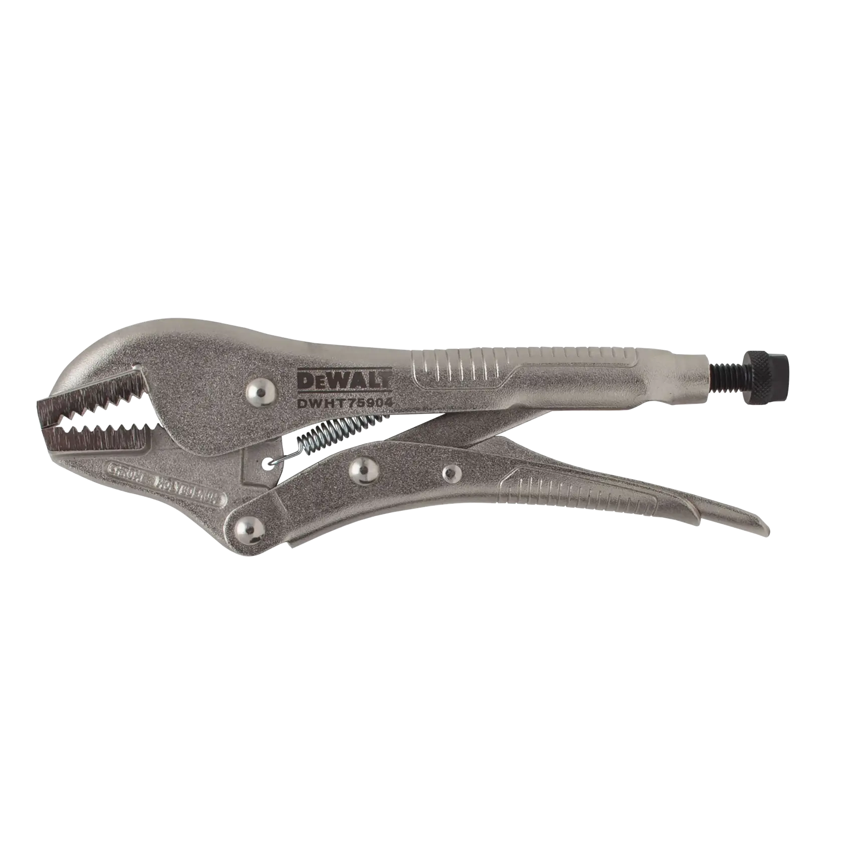 A DEWALT DWHT75904 locking pliers tool with a metallic finish, featuring serrated jaws and an adjustable screw for grip control, shown against a white background.