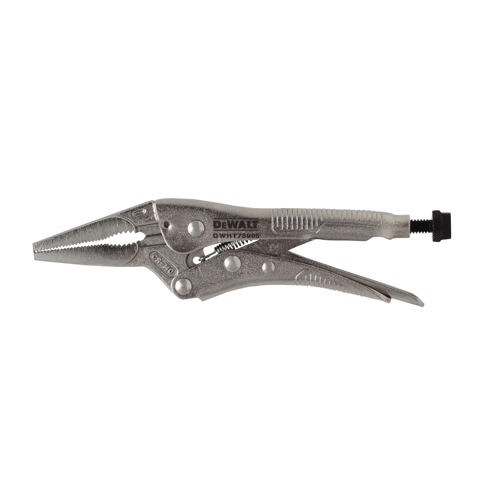 A DEWALT DWHT75905 long nose locking pliers made of metal, shown against a white background.