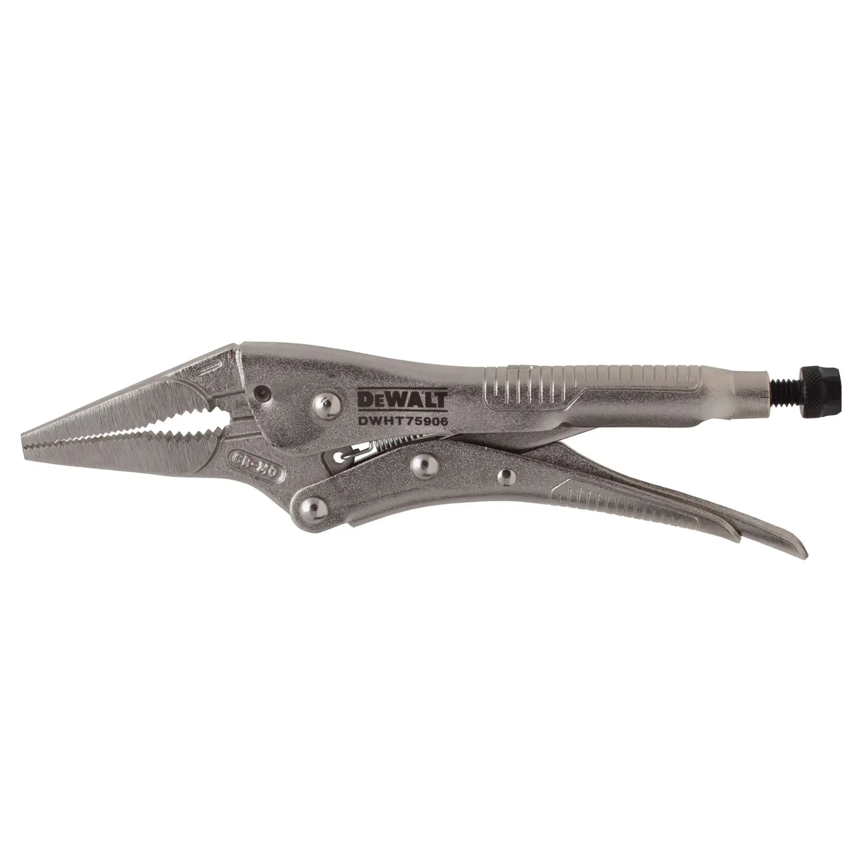 A DEWALT branded locking pliers with long nose, model DWHT75906, made of metallic material and featuring a serrated gripping surface and adjustable screw for controlling the grip.