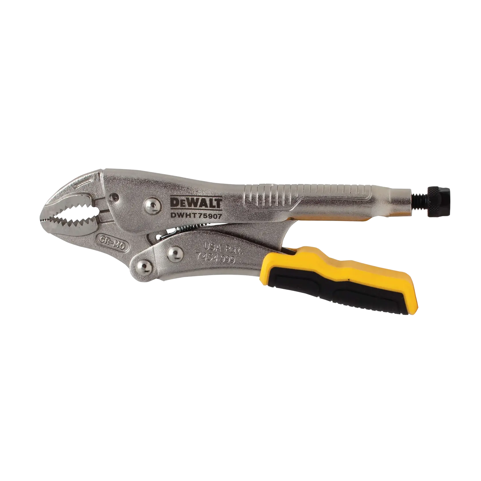 A DEWALT locking pliers with curved jaws, model DWHT75907, featuring a metallic finish and a yellow and black handle grip.