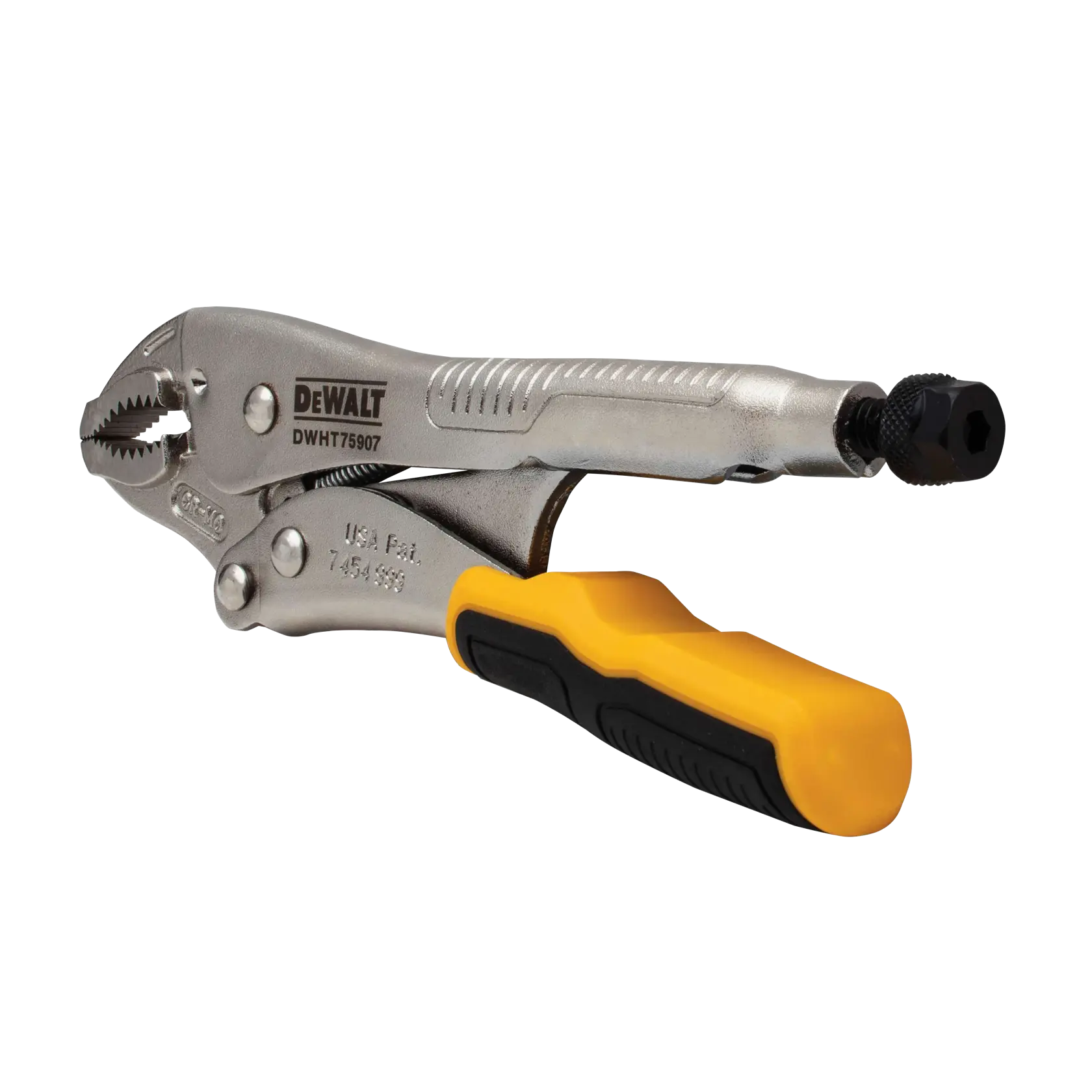 A DEWALT DWHT75907 locking pliers with a metallic body, yellow and black rubber grip handle, and adjustable screw.