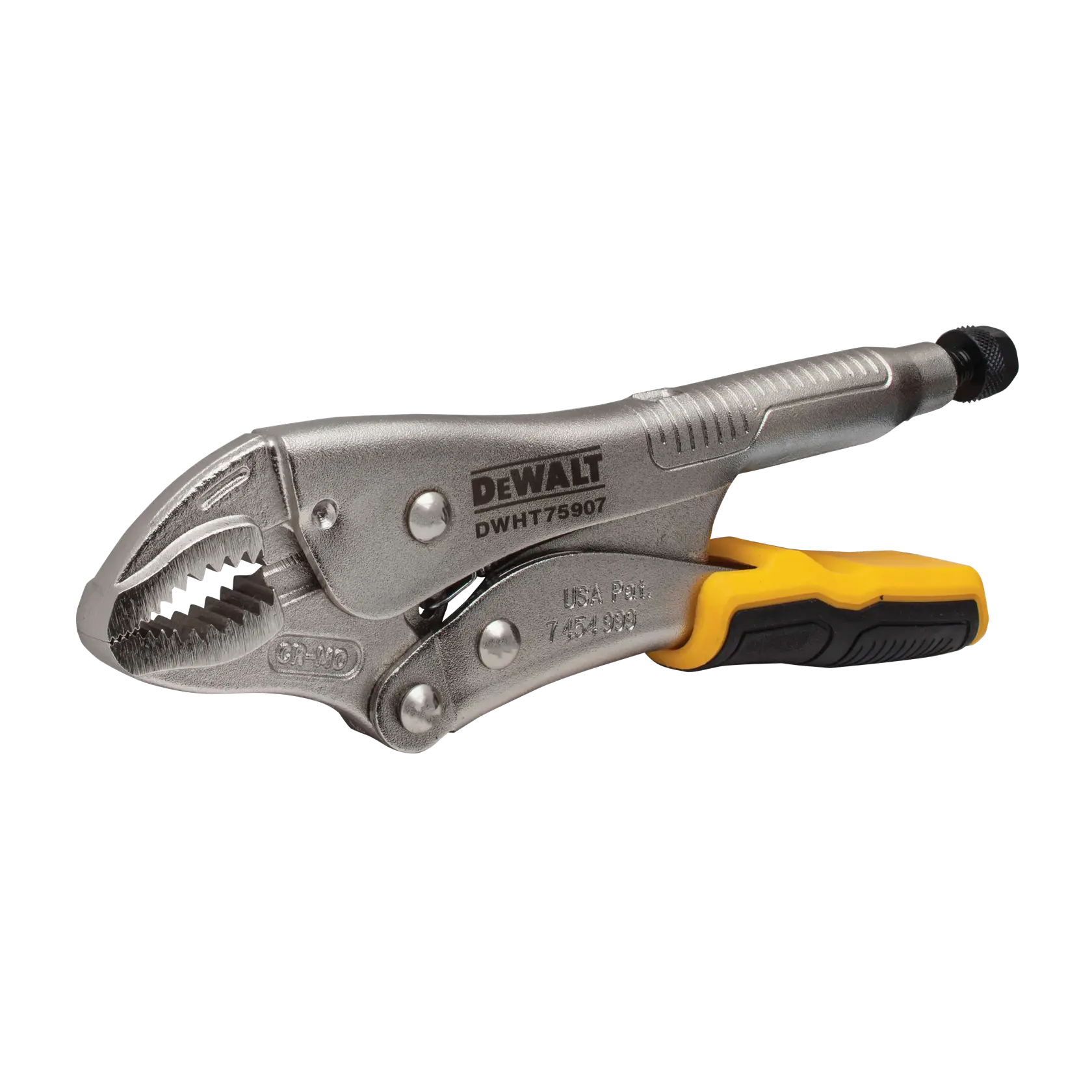 A DEWALT DWHT75907 locking pliers with a metallic finish and yellow and black handle. The jaws have serrated edges for gripping objects securely.