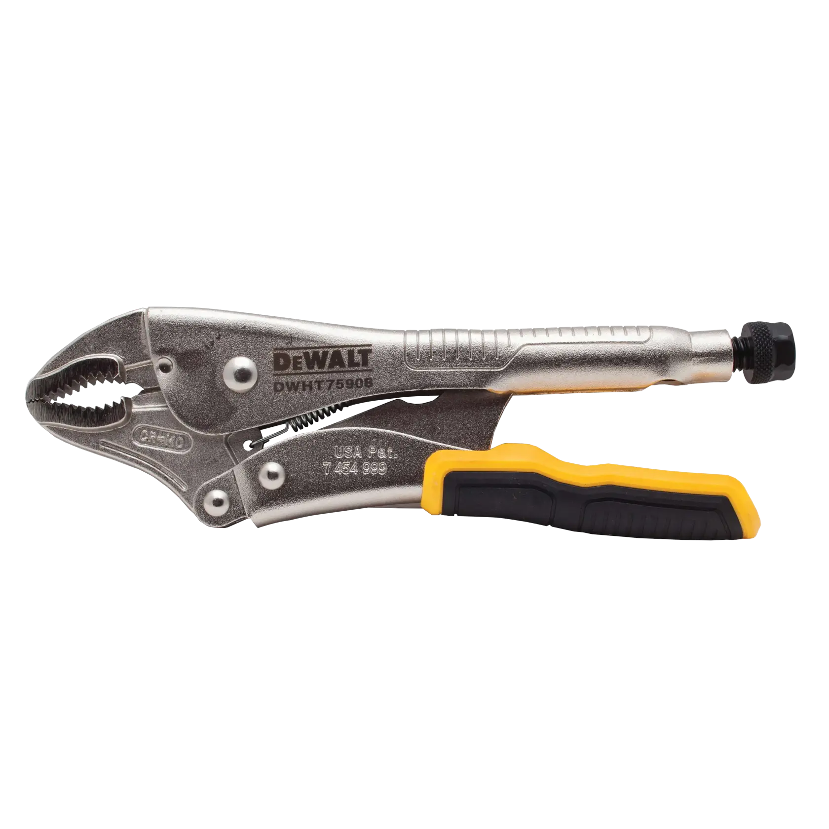 A DEWALT locking pliers tool (model DWHT75908) with a metallic body and a yellow and black rubberized grip, shown against a white background.