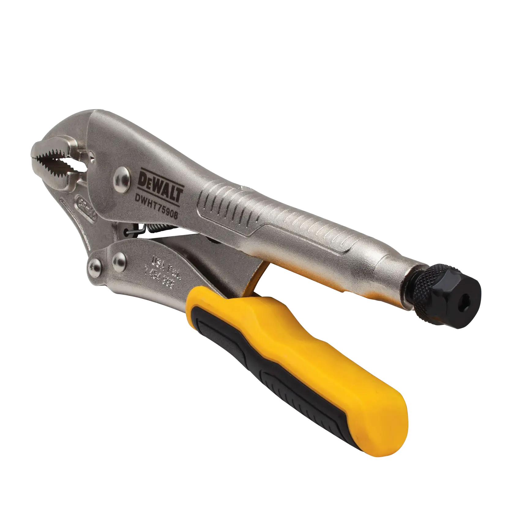 A DEWALT DWHT75908 locking plier with a metallic body and a yellow and black grip handle, shown against a white background.