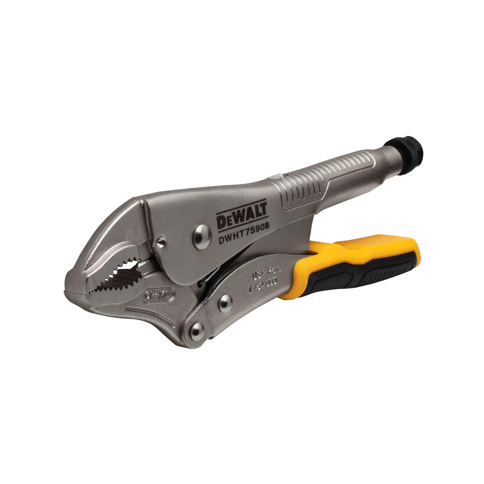 DEWALT DWHT75908 locking pliers with a silver metallic finish and a yellow and black handle, used for gripping and clamping objects securely.