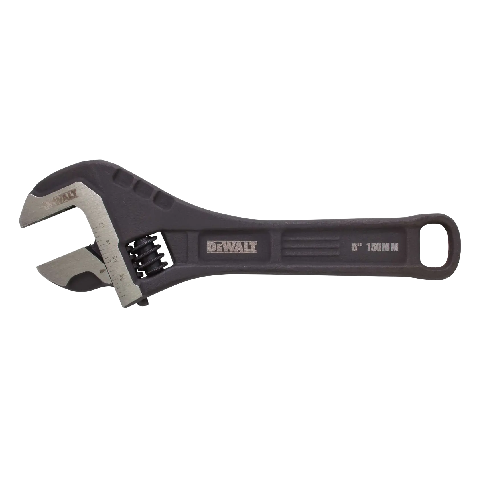DEWALT adjustable wrench, 6 inch (150 mm), black handle with measurement markings.