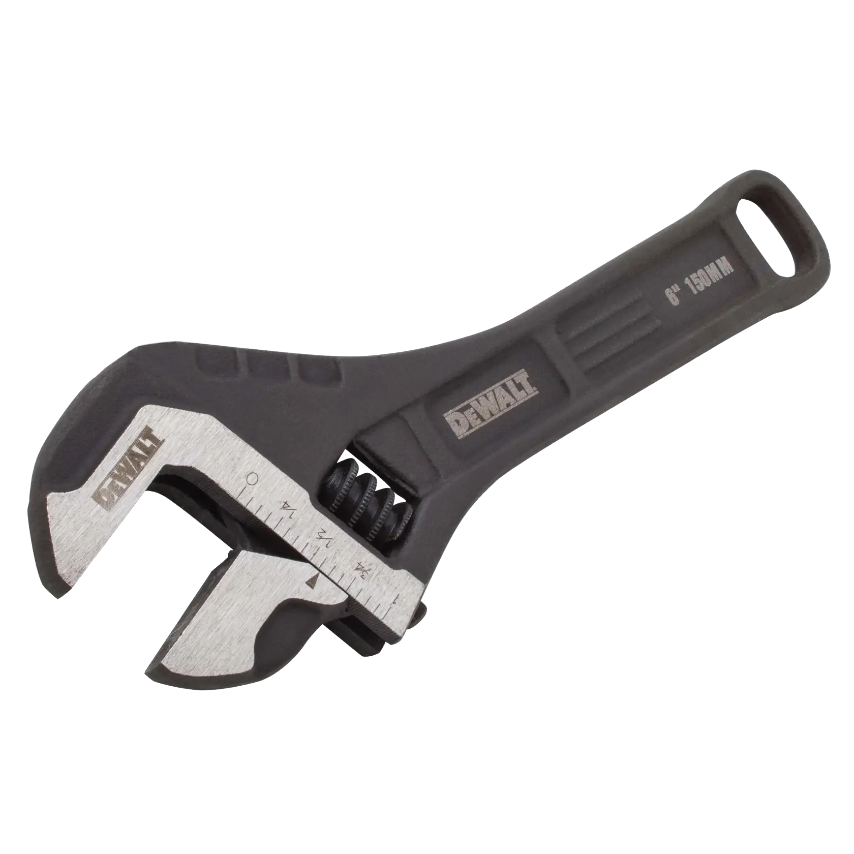 DEWALT adjustable wrench with black handle and silver jaws, showing measurement markings and the DEWALT logo on the tool.