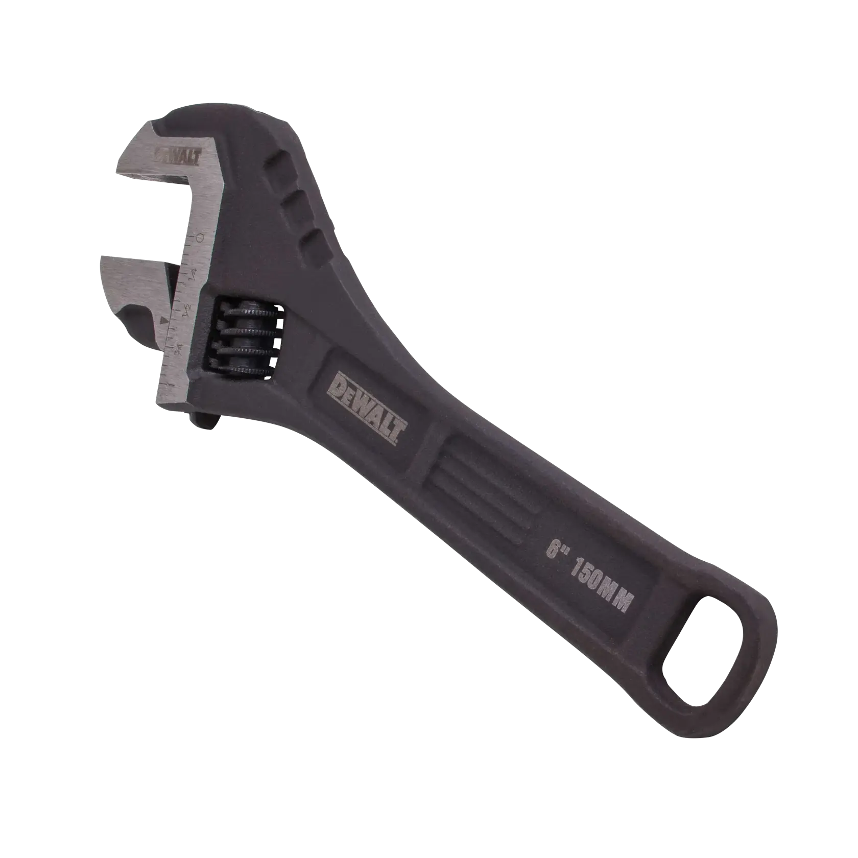 A DEWALT adjustable wrench with a black handle and silver metallic jaws, measuring 8 inches (150 mm).