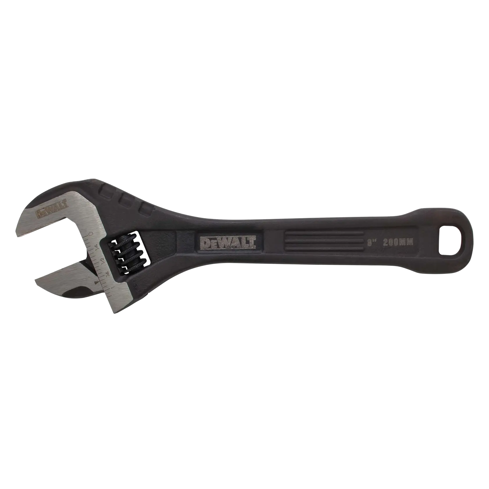 A DEWALT adjustable wrench with a black handle and metal jaw, measuring 8 inches (200 mm), shown against a white background.