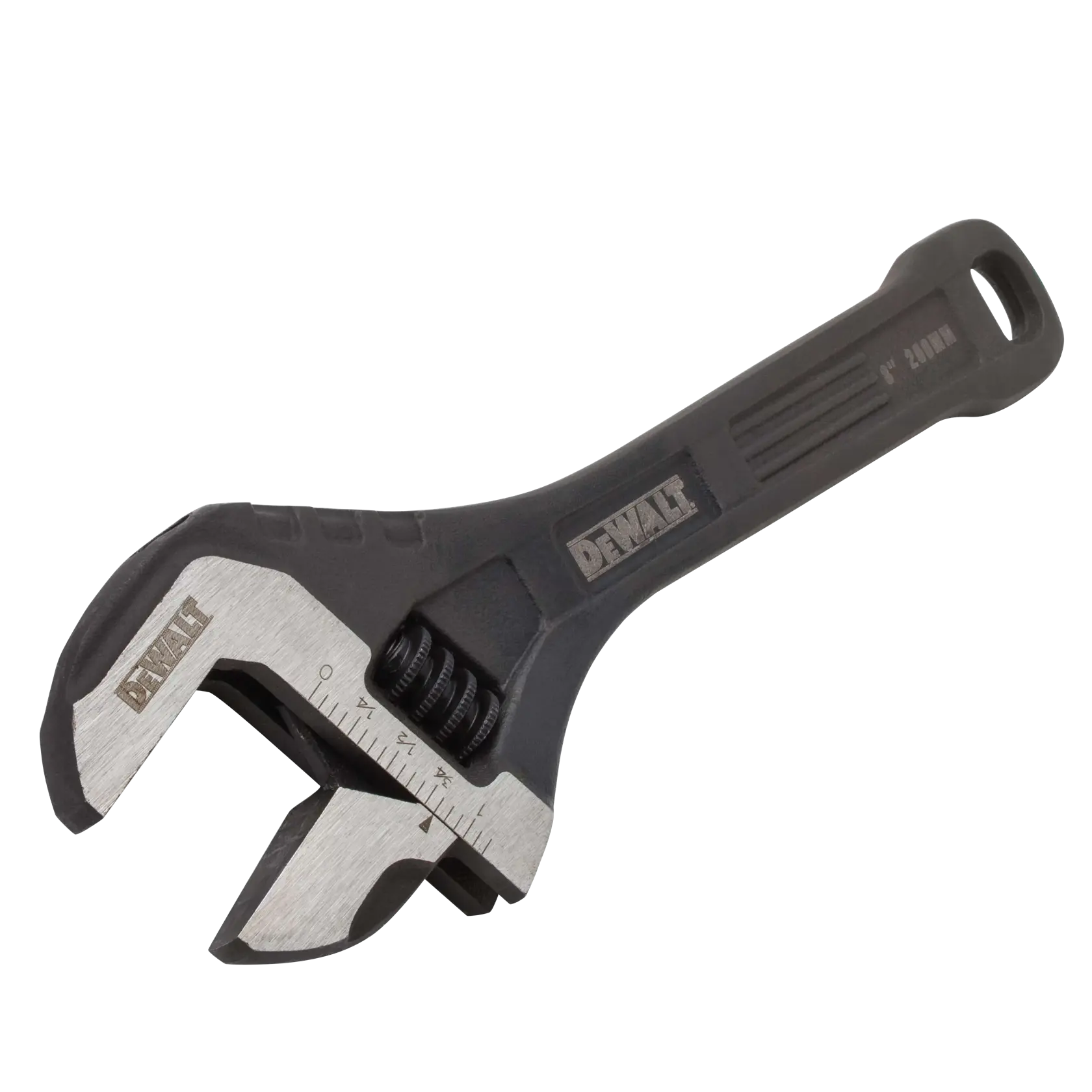 A DEWALT adjustable wrench with a black handle and metal jaw, featuring measurement markings and a turn screw for adjusting the jaw width.
