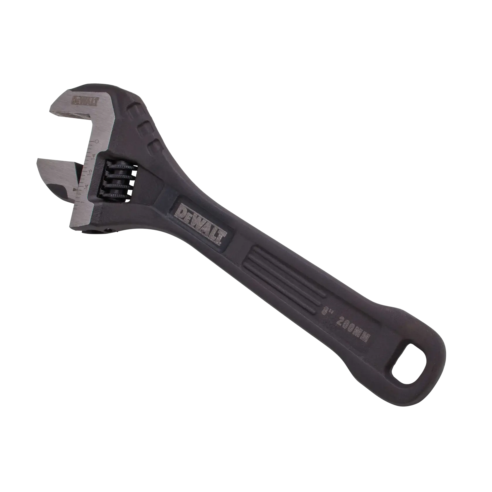 A DEWALT adjustable wrench with a black handle, 8 inches (200mm) in length. The wrench features a sliding jaw for adjusting the width and DEWALT branding on the handle.