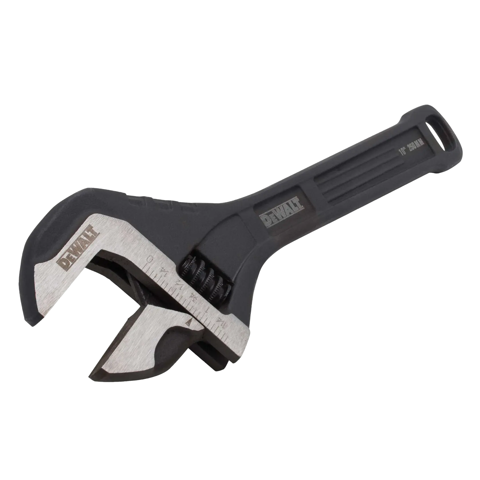 A DEWALT adjustable wrench with a black and silver finish, featuring measurement markings on the jaw.