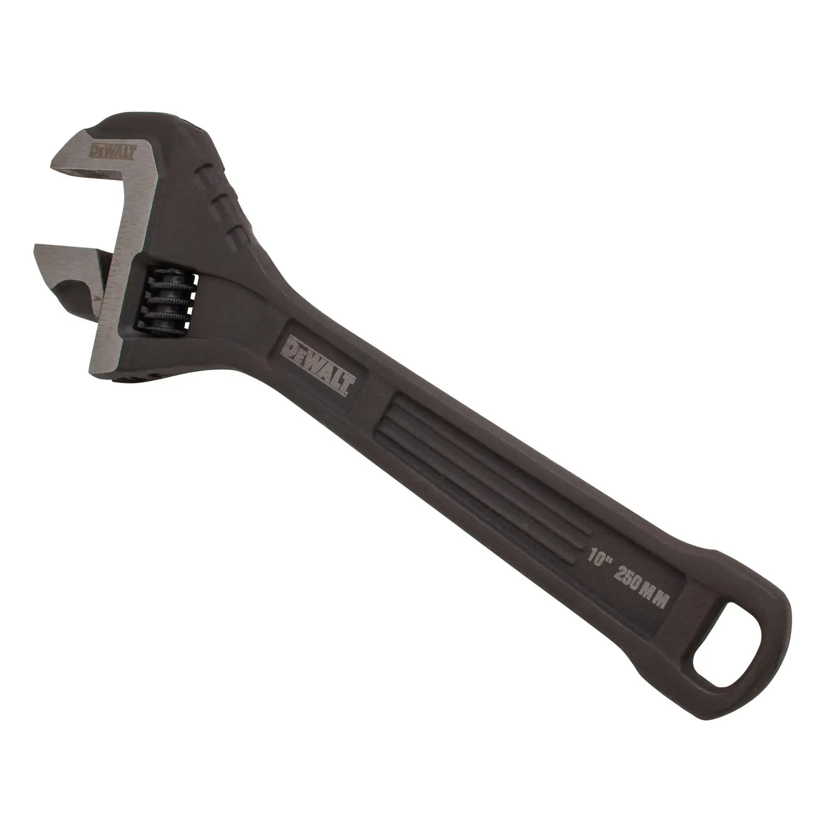 A DEWALT adjustable wrench with a black handle and silver jaw, measuring 10 inches (250 mm), shown against a white background.