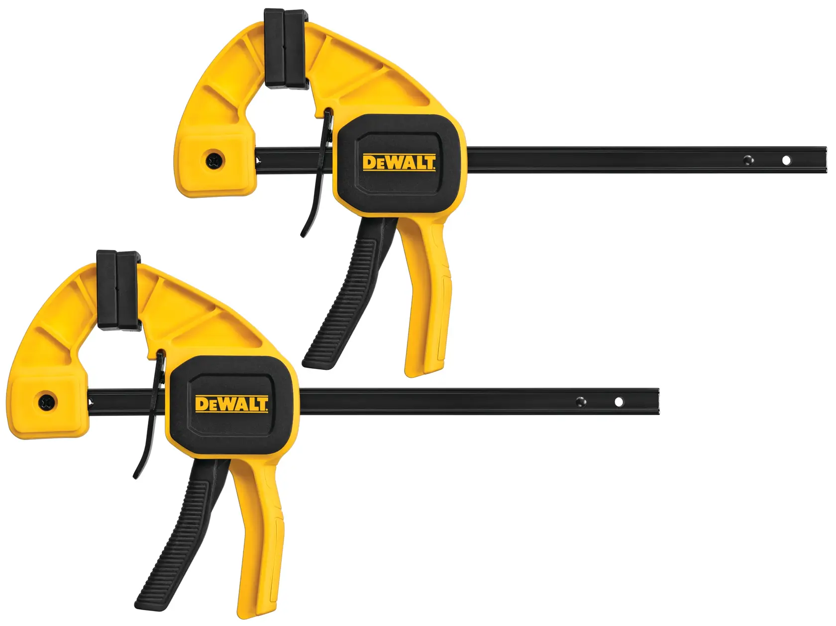 Two yellow and black DEWALT bar clamps with trigger handles, designed for securing workpieces during woodworking or other projects.