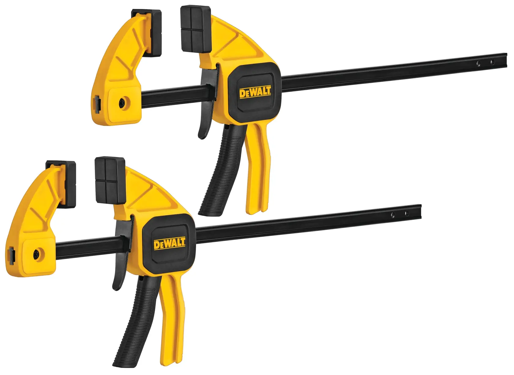 Two yellow and black DEWALT trigger clamps positioned parallel to each other, used for securing materials in woodworking or construction projects.