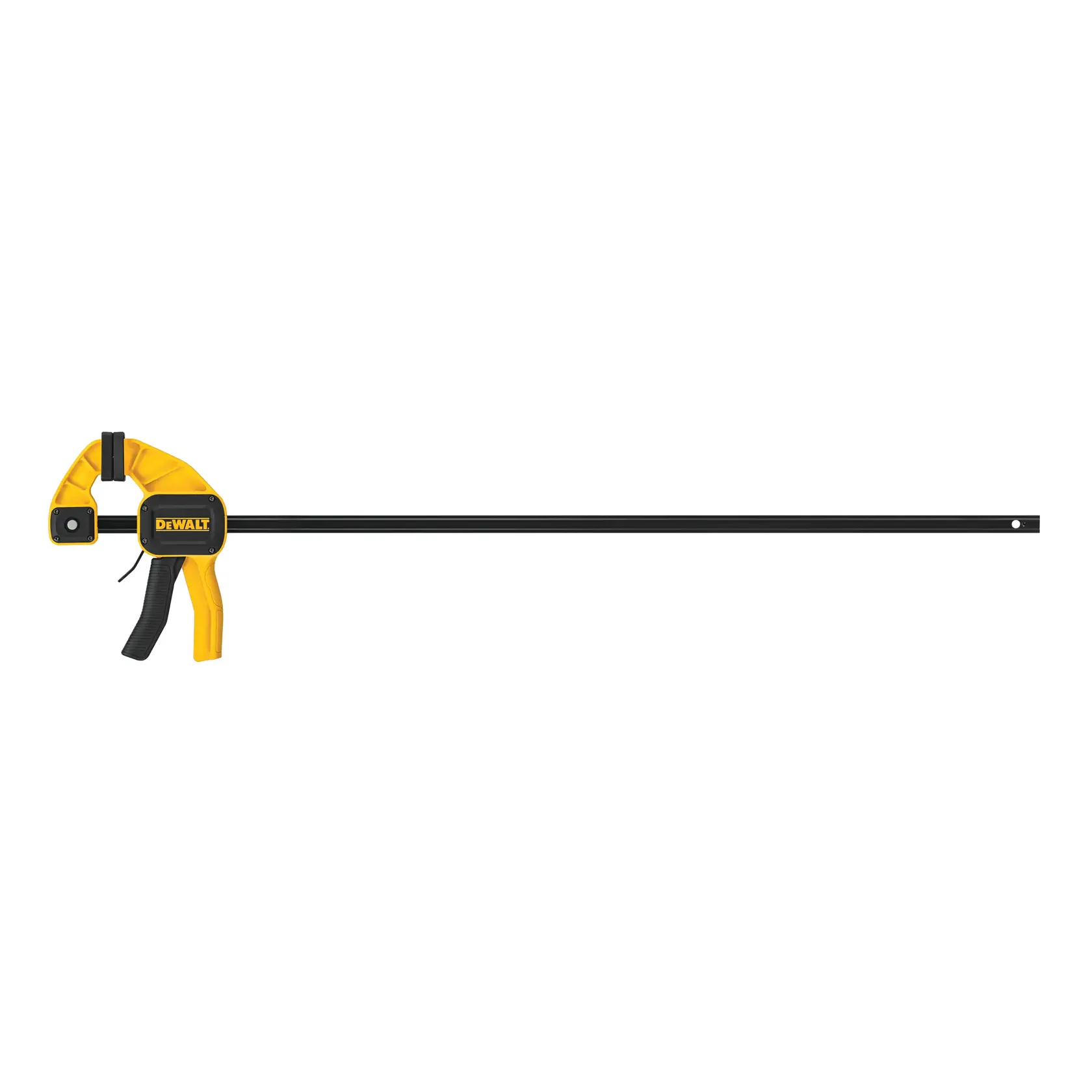 A DEWALT bar clamp with a yellow and black handle, designed for holding materials securely in place during woodworking or construction projects.