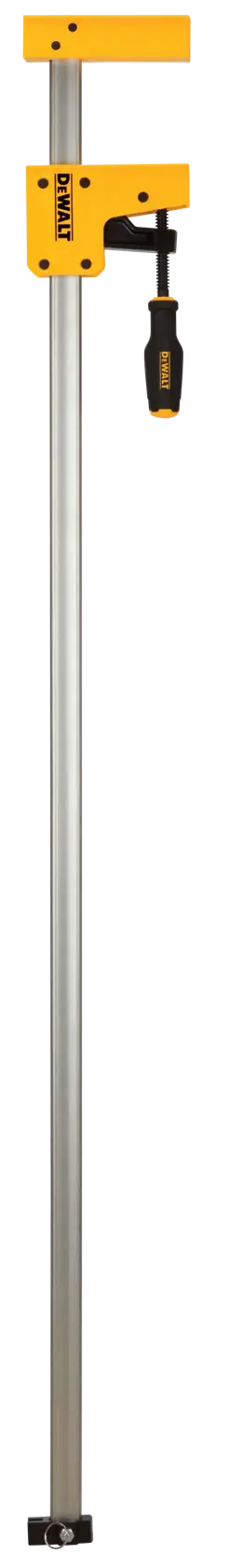 A DEWALT bar clamp with a long silver metal bar, yellow jaws, and a black handle. The clamp is used for woodworking and other construction tasks to hold objects securely in place.