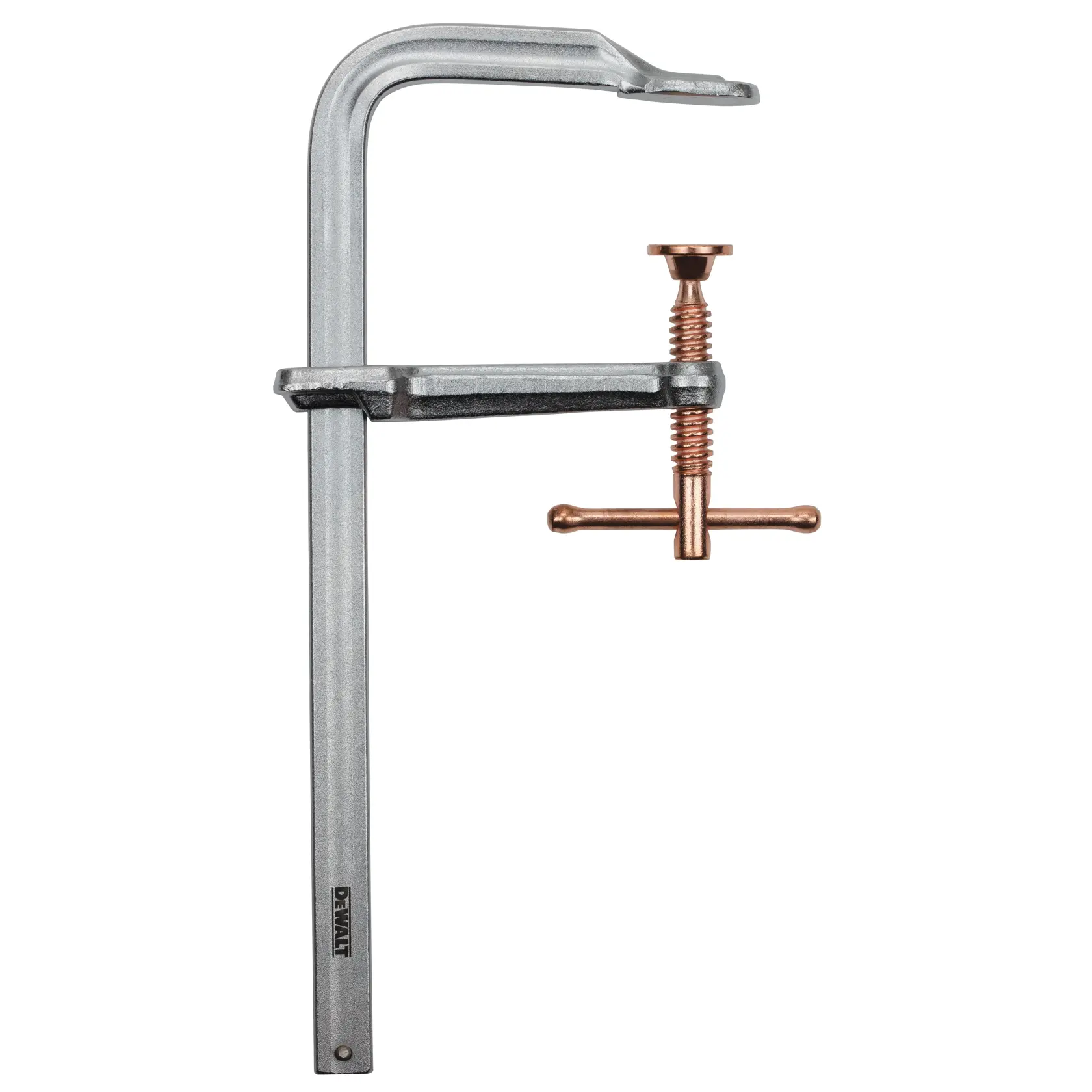 A metal bar clamp with a silver frame and copper-colored screw handle, branded DEWALT, designed for securing materials in woodworking or metalworking.