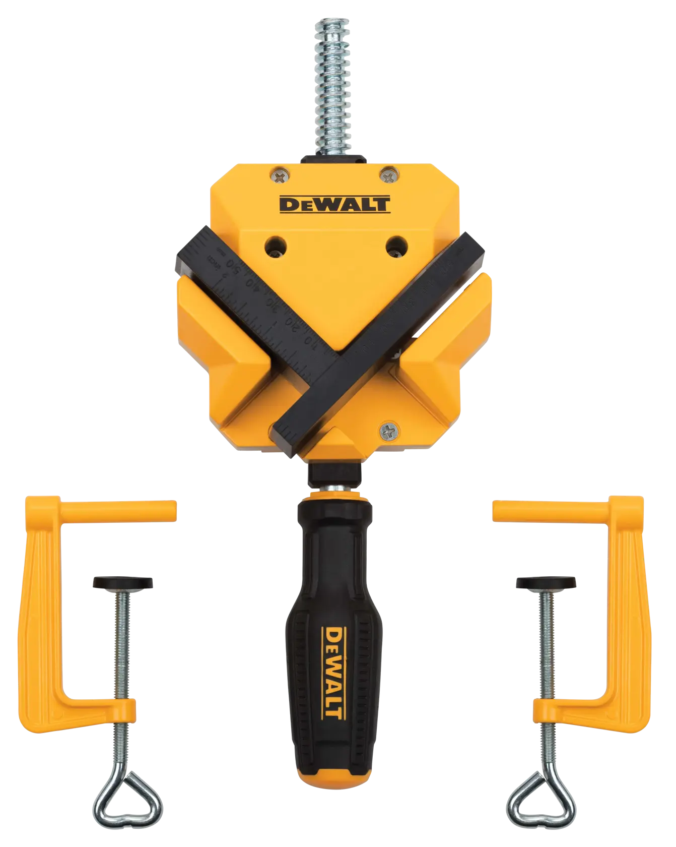 DEWALT corner clamp tool set with a yellow and black main clamp featuring a handle and two additional yellow C-clamps, shown against a white background.