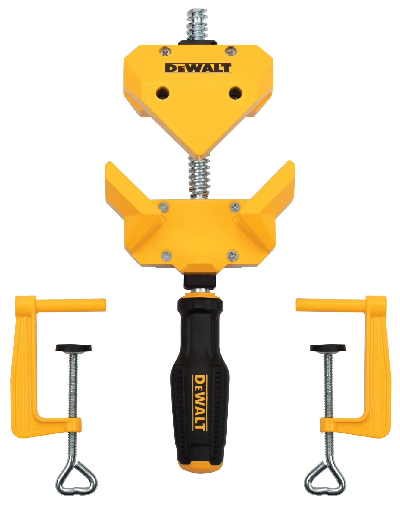 DEWALT corner clamp tool with black and yellow handle and two separate yellow mounting brackets, shown against a white background.