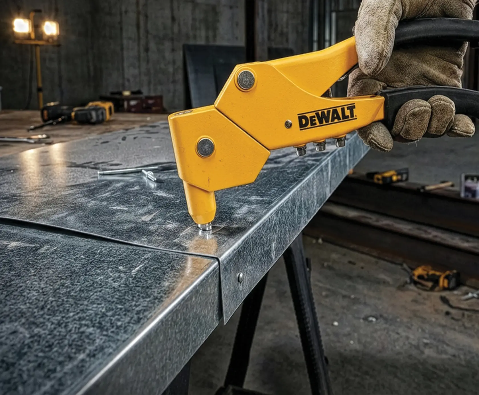 A yellow DEWALT rivet tool with black handles, designed for fastening metal parts together.