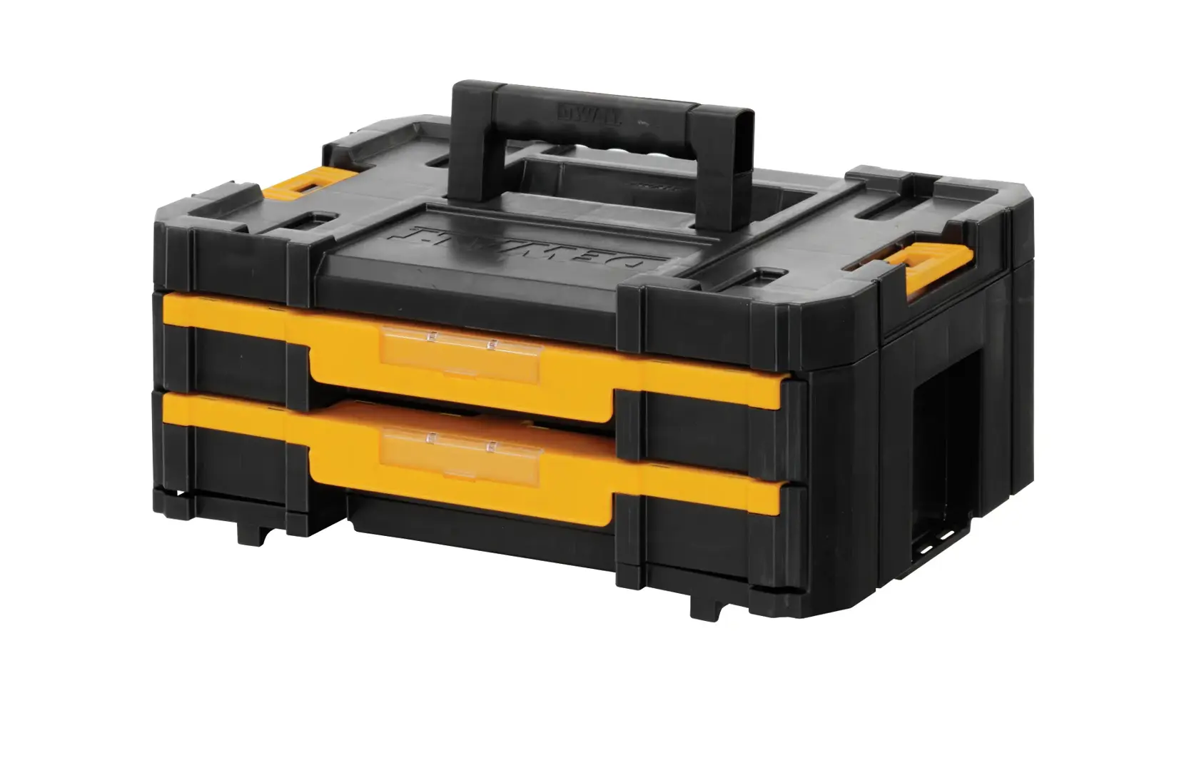 Photo of DEWALT DWST1-70706 black and yellow tool box with two front drawers, angled on white background.