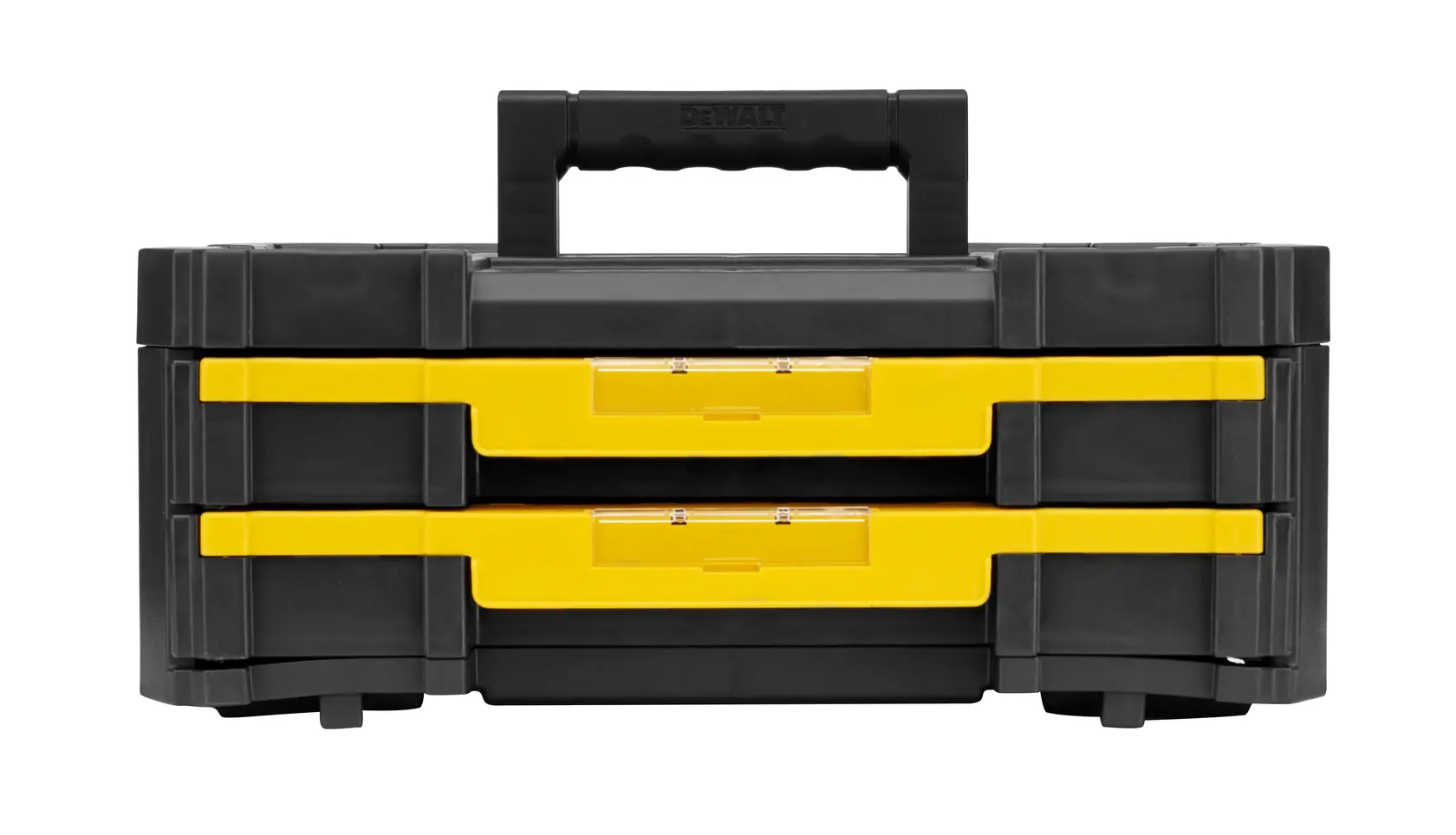 Photo of DEWALT DWST1-70706 black and yellow toolbox with handle, front view, product photography.