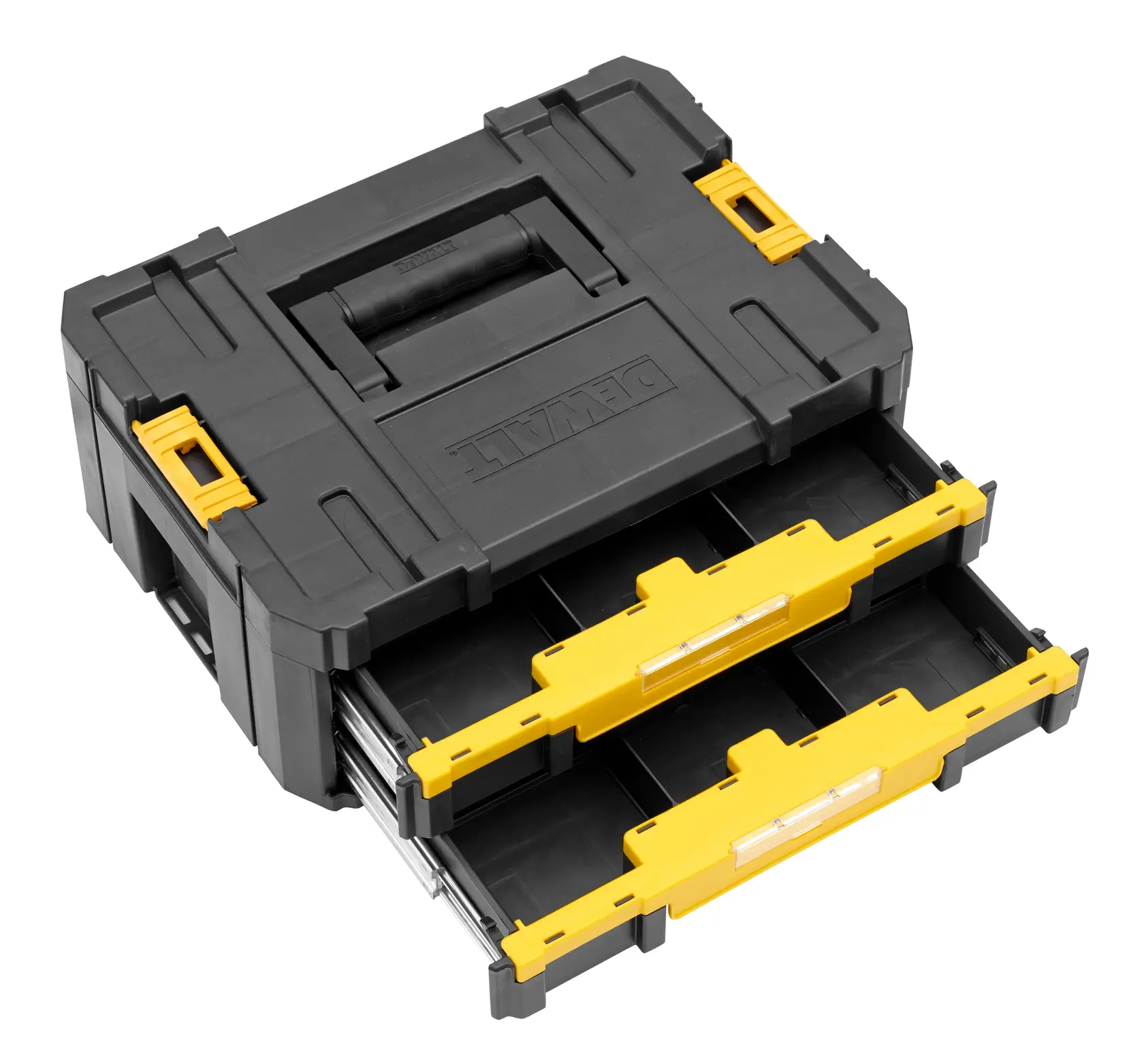Photo of DEWALT DWST1-70706 black toolbox with two open yellow drawers, angled on white background.