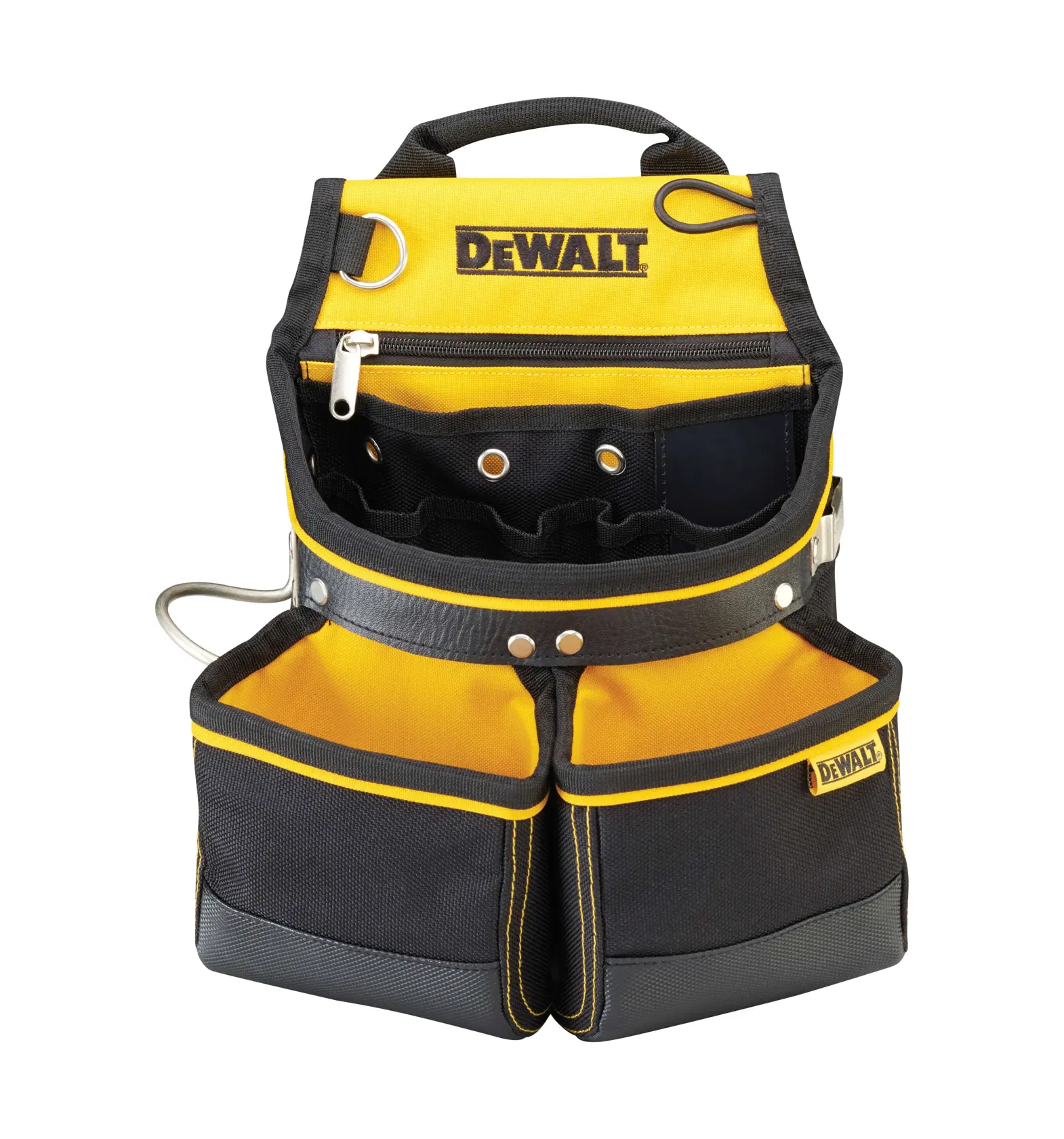 DEWALT yellow and black tool pouch with multiple pockets, compartments, and a handle, designed for organizing and carrying tools.