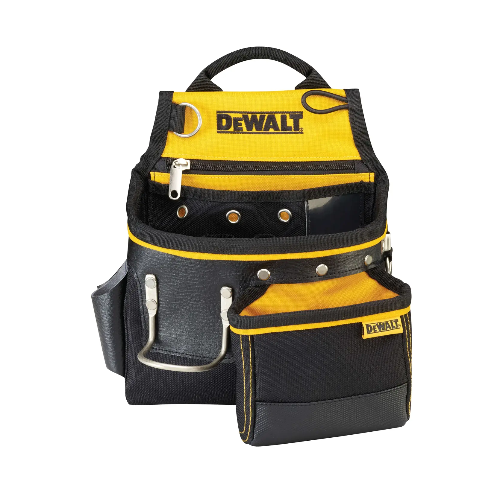 A DEWALT branded tool pouch in black and yellow, featuring multiple compartments, pockets, metal hooks, and a zippered section, designed for carrying and organizing tools.