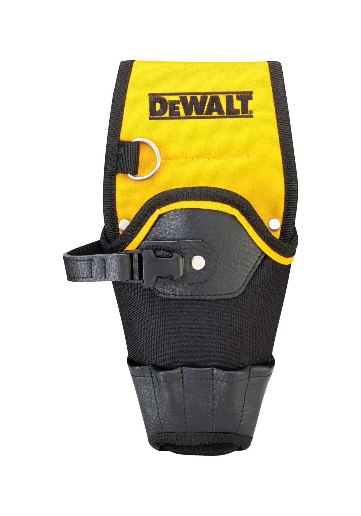 A DEWALT branded yellow and black tool holster with a buckle, metal ring, and reinforced stitching, designed for carrying hand tools.