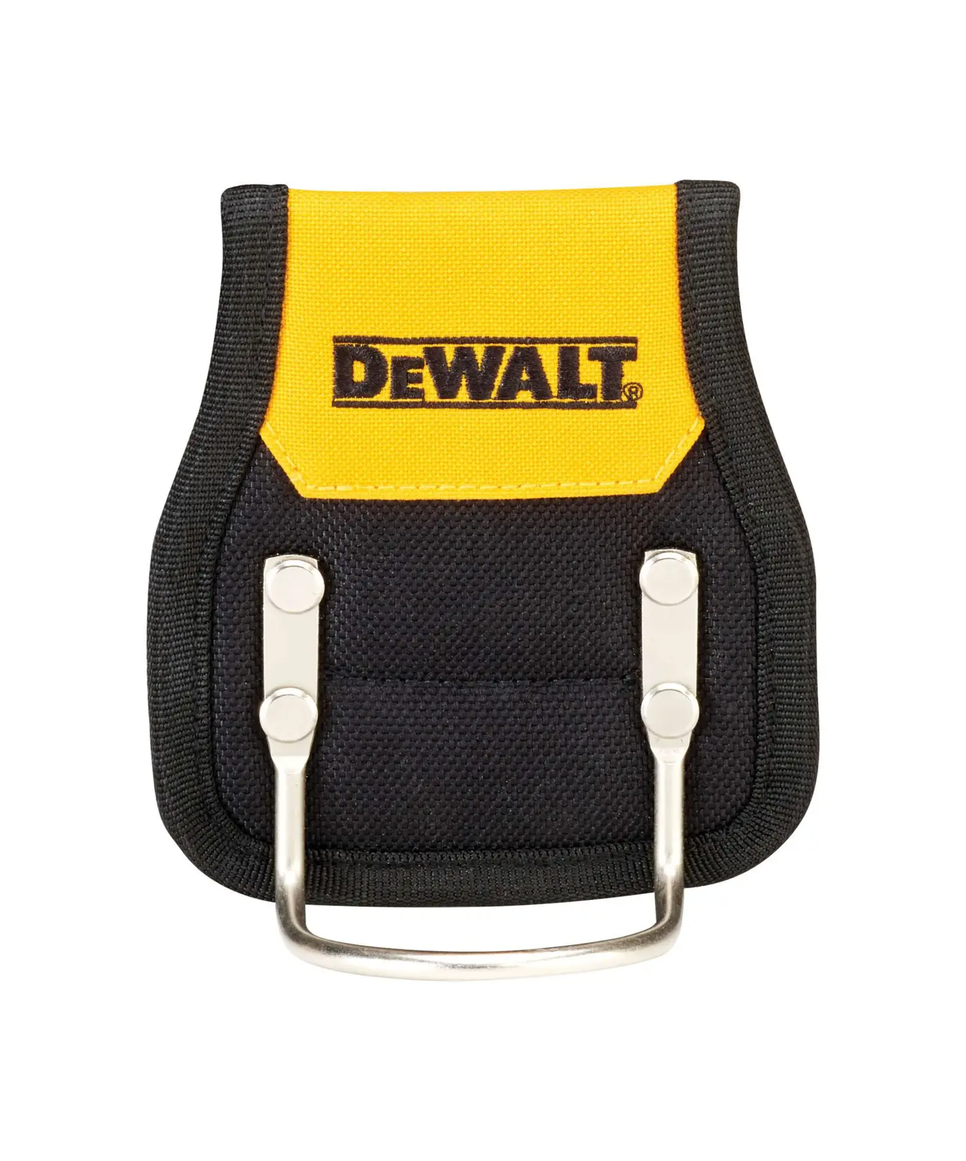 A DEWALT black and yellow drill holster with a metal holder, designed for attaching to a belt and carrying a drill or similar tool.