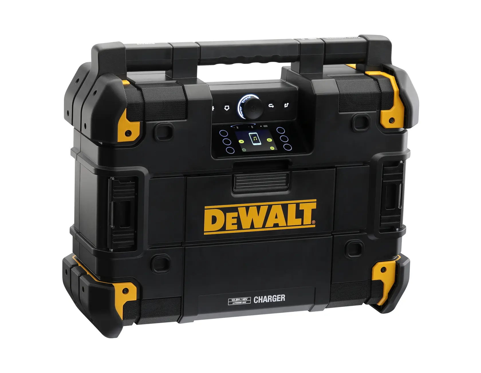DEWALT photography product DWST1-81080, DWST1-81080-XE. Black, portable radio charger with yellow accents.