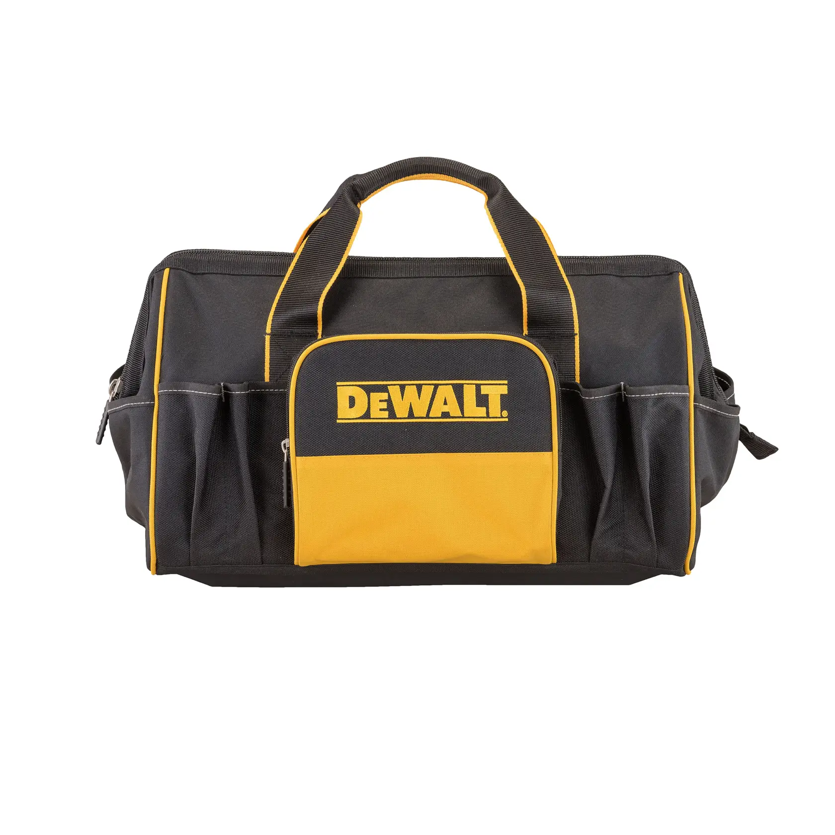 Black and yellow DEWALT tool bag with multiple pockets, front logo, and carrying handles.