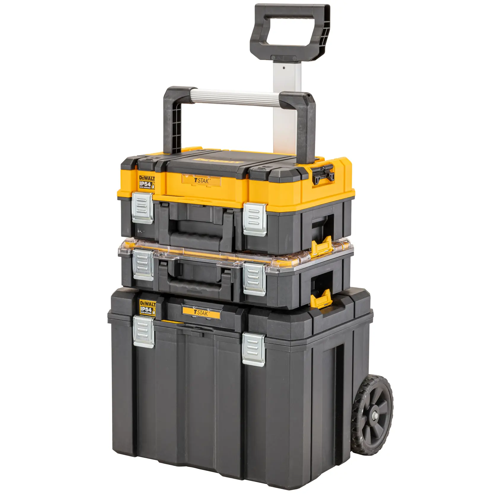 A stack of three DEWALT TSTAK toolboxes with an extended handle and wheels, designed for easy transportation and secure tool storage.