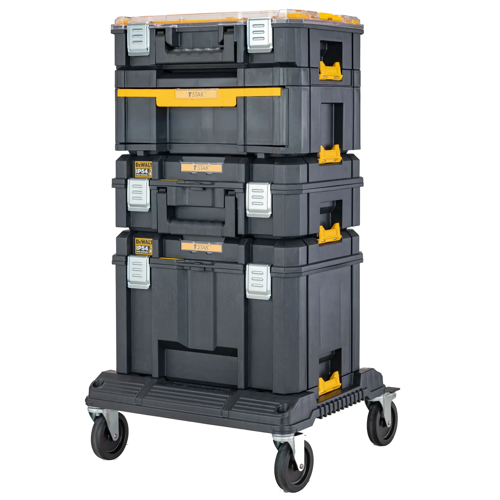 Stacked DEWALT TSTAK tool storage boxes on a wheeled base, black with yellow latches and handles.