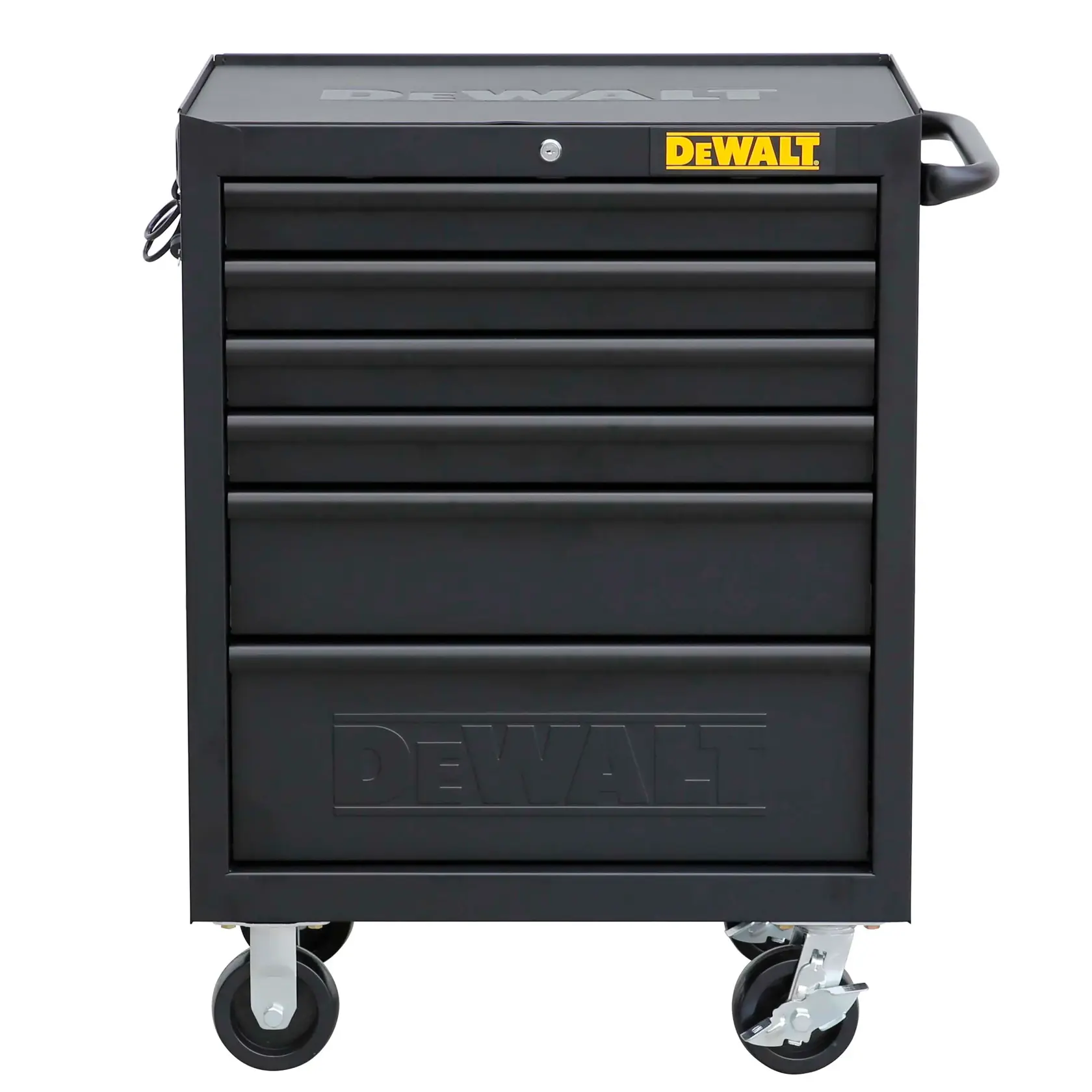 DEWALT tool chest on wheels, black, SKUs DWST98228-1, DWST98228, photography category, front view.