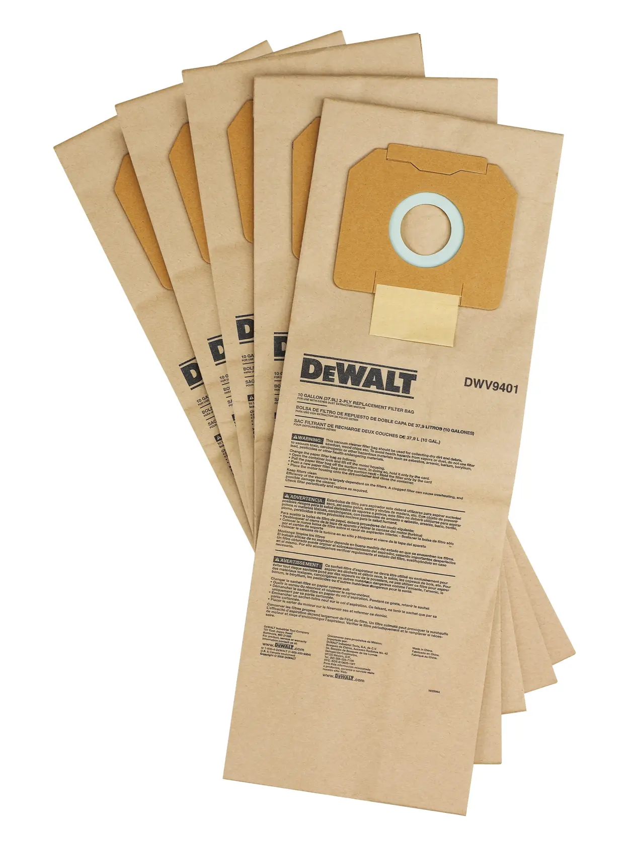 A set of five DEWALT DWV9401 replacement filter bags made of brown paper, fanned out. Each bag is labeled with product information and features a cardboard collar with a circular opening.