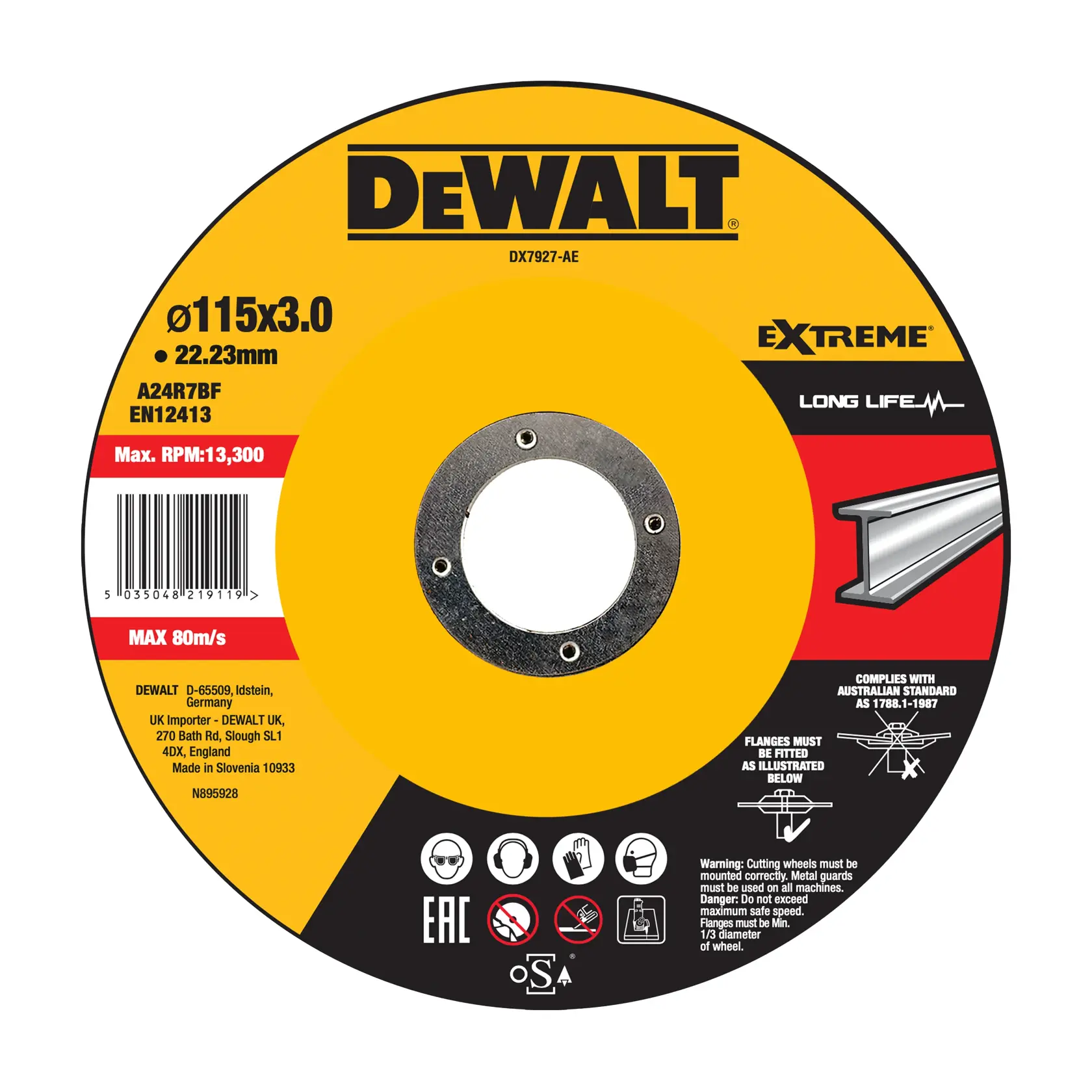 DEWALT DX7927, DX7927-AE 115x3.0mm cutting wheel for metal, max RPM 13,300, photography category.