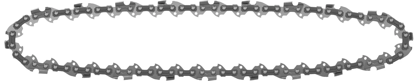 A metal chainsaw chain displayed in an oval shape on a plain white background.