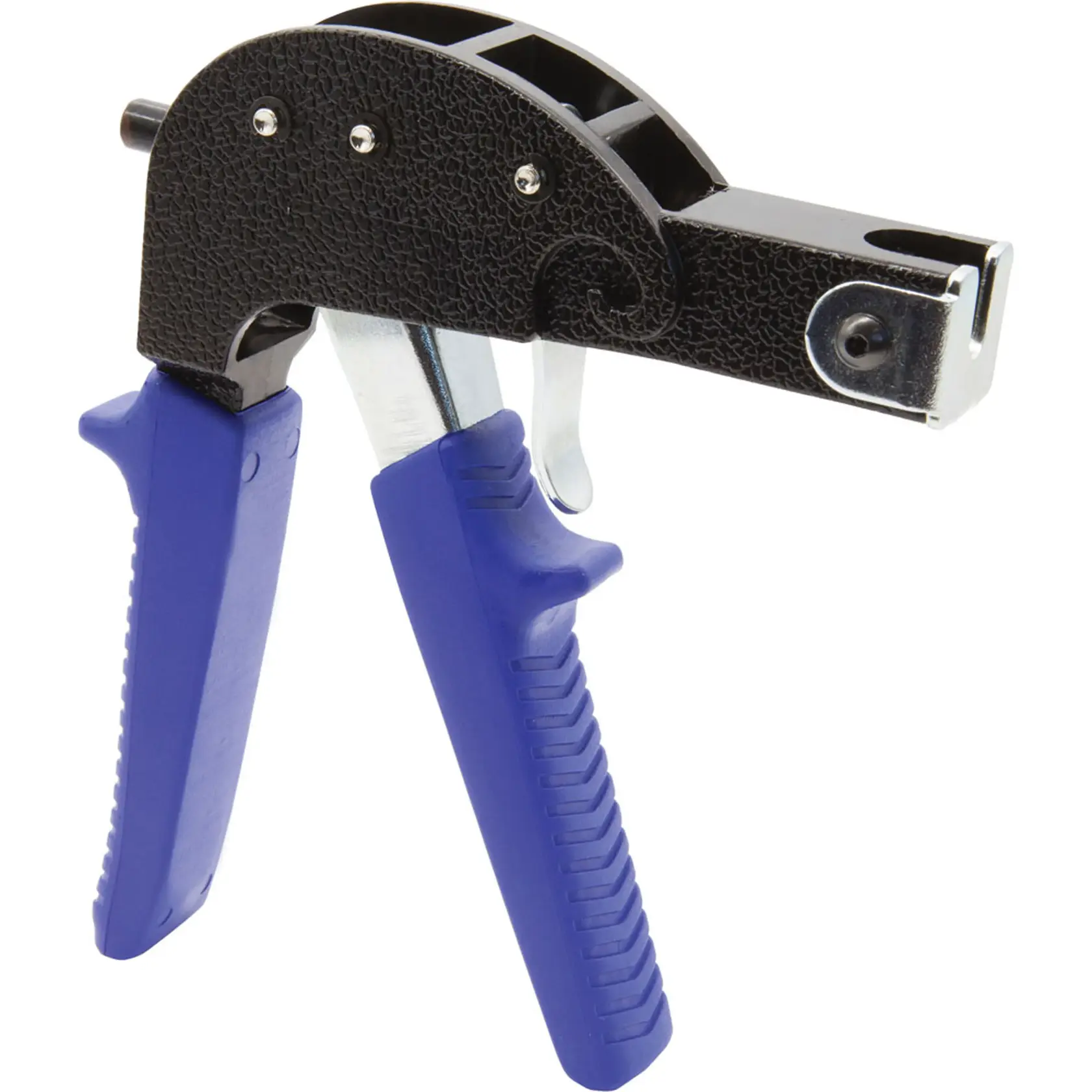 A close-up view of a hand tool with blue ergonomic handles and a black textured metal body, likely used for photography or power-related tasks, shown against a white background.